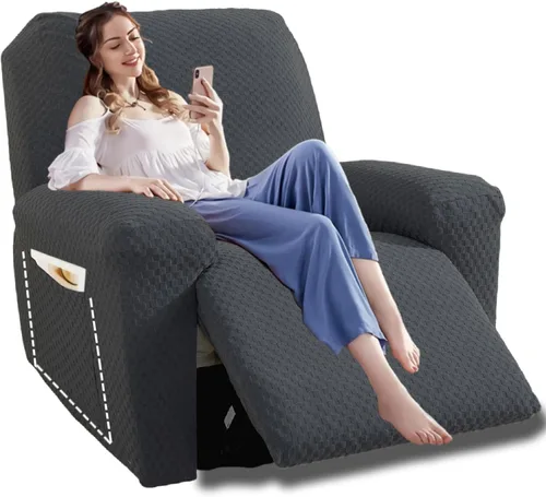 Vista 38 de YEMYHOM Funda elástica de 4 piezas para silla reclinable de jacquard con bolsillo lateral, antideslizante, ajustable, protector de muebles con parte