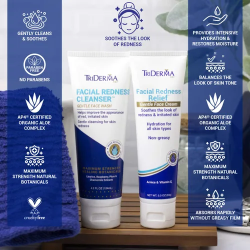 Vista 2 de TriDerma Paquete de alivio del enrojecimiento facial, limpiador facial suave más crema facial hidratante, tratamiento calmante diario
