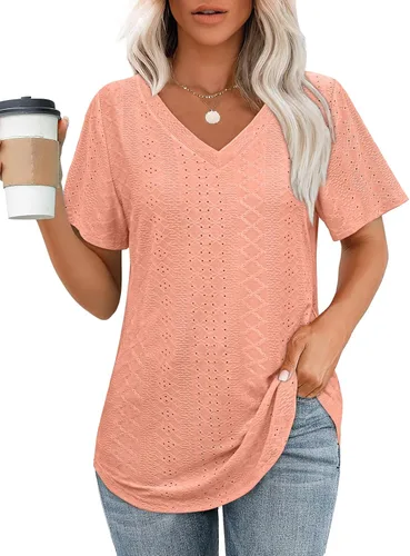 Vista 20 de OFEEFAN Camisetas básicas de manga corta con cuello en V para mujer, ajuste holgado, con dobladillo curvado B-verde