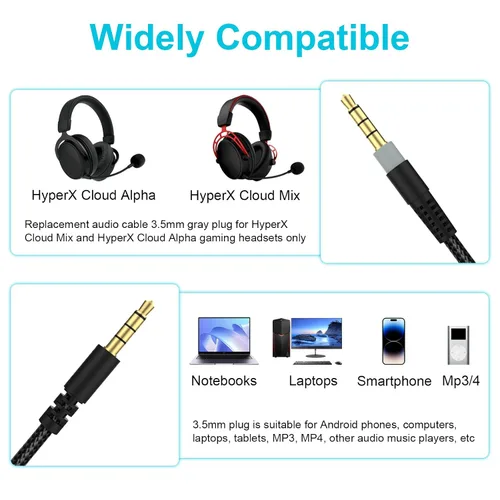 Vista 2 de Cable de audio Cloud Alpha de repuesto con controles de silencio y volumen compatible con auriculares Kingston Cloud Alpha y Cloud Mix