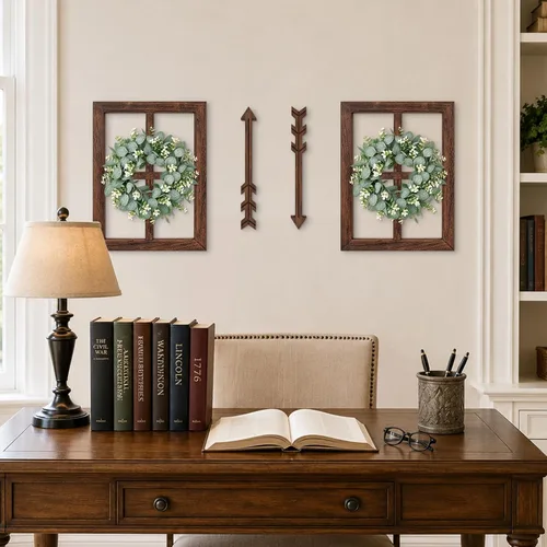 Vista 7 de Marco de ventana de madera rústica con corona verde y flechas para decoración de pared, marco de ventana estilo granja colgante, decoración falsa
