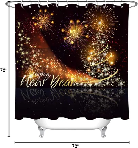 Vista 8 de LB Juego de cortinas de ducha con diseño de Año Nuevo, diseño de fuegos artificiales, cortina de baño brillante de Nochebuena con ganchos, 72 x 72