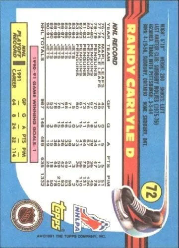 Vista 2 de 1991-92 Topps #72 Randy Carlyle NHL Hockey Trading Card