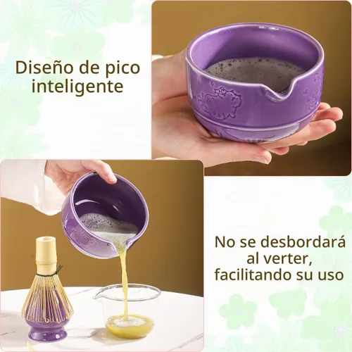Vista 4 de Juego de té matcha tradicional con batidor de bambú, cuenco y soporte de cerámica morado, estilo japonés de 3 piezas (púrpura)