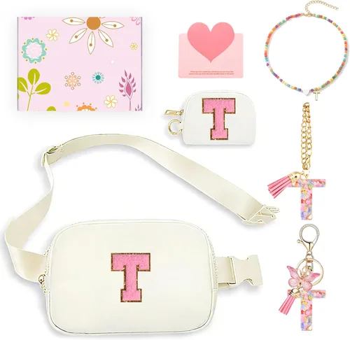 Vista 32 de Regalos de moda para niñas adolescentes, cangurera con monograma para niña con llavero, collar, dijes de taza, tarjeta de felicitación y caja