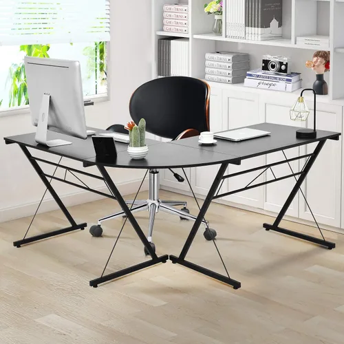 Vista 2 de Tangkula Escritorio en forma de L, escritorio de esquina para computadora, ahorro de espacio y multifuncional, escritorio de oficina en casa