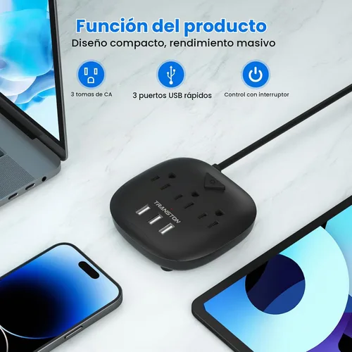 Vista 2 de Regleta de alimentación de 3 tomas y 3 puertos USB con control de interruptor, estación de carga de escritorio con cable de extensión de 5 pies