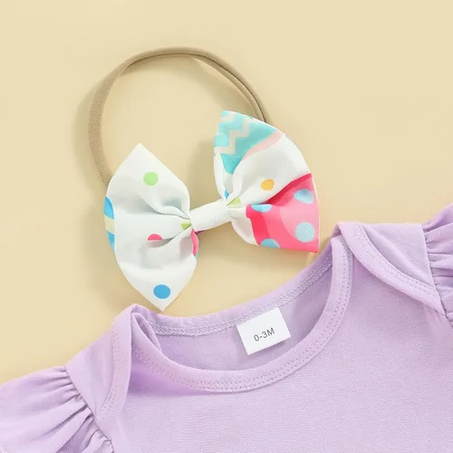 Vista 4 de Adobabirl Vestido de Pascua para niña recién nacida, mameluco de manga corta con conejo, huevos de Pascua, falda con tirantes, diadema