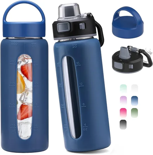 Vista 10 de Kodrine - Botella de agua de vidrio de 20 onzas con popote y 2 tapas para fácil transporte, con asa, funda de silicona y marcador de tiempo, botella