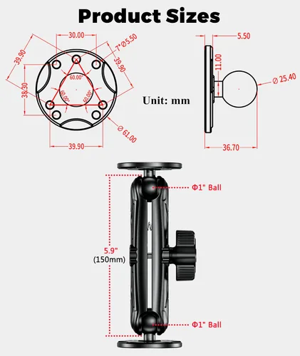 Vista 4 de VAZESWIN Soporte buscador de peces de bola de 1" para Garmin Striker 4/Plus