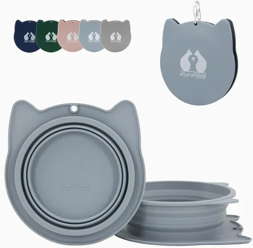 Vista 7 de RUNROLE Cuencos plegables de silicona 2 en 1 para viaje, se juntan y usan por separado, cuencos portátiles para agua y alimentos para mascotas, Rosa