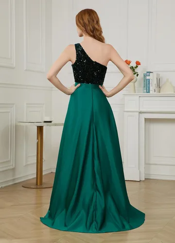 Vista 5 de Vestidos de fiesta de lentejuelas de un hombro 2024, vestidos largos de satén para mujer, vestidos de noche formales de sirena brillante con abertura