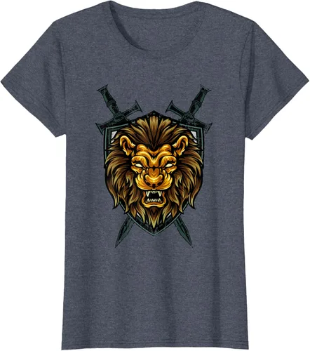 Vista 87 de Camiseta con diseño de caballero medieval renacentista, con diseño de espada de león, Negro, S
