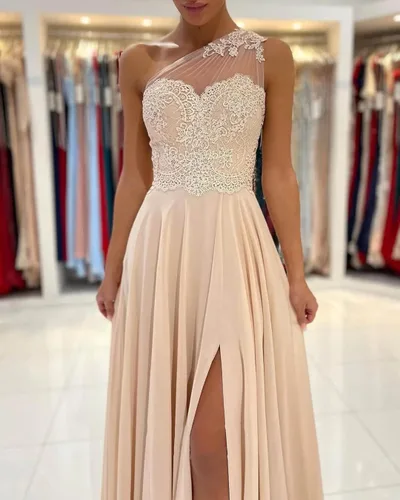 Vista 5 de Vestidos de dama de honor para boda, vestido de noche formal de un hombro con encaje acampanado y bolsillos