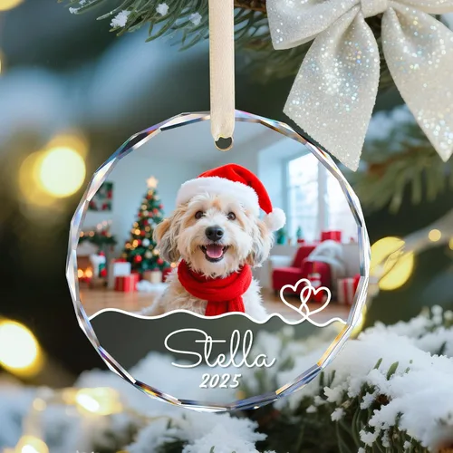 Vista 4 de Adornos de foto de perro personalizados, adornos personalizados con nombre y foto de cachorro de mascota para el árbol de Navidad, regalos