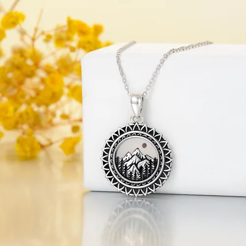 Vista 24 de PROESS Collar de plata de ley con colgante de montaña y sol de semilla de mostaza/masónico/brújula para mujeres y hombres, collar con colgante