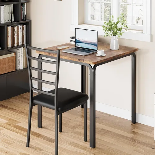 Vista 4 de Mesa de comedor para 2, juego de mesa cuadrada pequeña de cocina para 2, comedor moderno de madera que ahorra espacio con tapizado, muebles