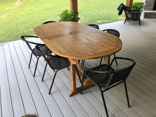 Vista 4 de Mesa de extensión doble ovalada para patio al aire libre, hecha de madera maciza de teca de grado A