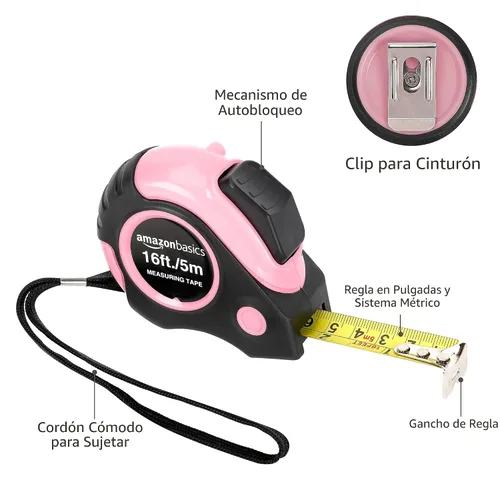 Vista 5 de Amazon Basics Cinta métrica retráctil con botón de presión, fácil de usar, 16 pies, rosa
