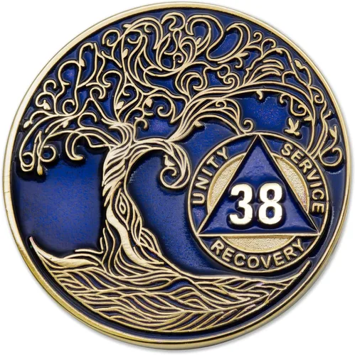 Vista 54 de 1 año Sobriety Mint Twisted Tree of Life Medallón de recuperación AA chapado en oro, chip/ficha - negro