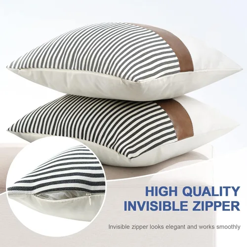 Vista 6 de Cygnus - Juego de 2 fundas de almohada de 16 x 16 pulgadas hechas de lino y de la unión de distintas telas con diseño de rayas para decoración Negro