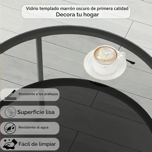 Vista 4 de Yusong Mesas de centro redondas de vidrio para sala de estar, mesa auxiliar circular de 2 niveles con almacenamiento, mesa central moderna de 26