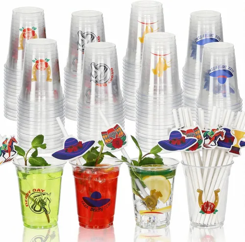 Vista 10 de MUOUAKATE Copas Derby desechables de plástico a granel, paquete de 100 vasos de 12 onzas Derby Clear Julep con pajitas de plástico y tarjetas