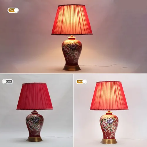 Vista 5 de Lámparas de mesa de cerámica de flores pintadas a mano de color rojo, lámparas chinoiserie de tela americana, lámpara de mesita de noche