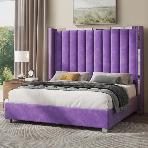 Vista 12 de Jocisland Marco de cama tamaño Queen con cabecero de 58 pulgadas de alto, cama de plataforma tapizada en terciopelo con cabecero tipo wingback