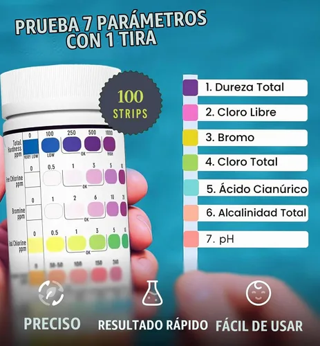 Vista 2 de 100 tiras de prueba de 7 vías para bañera de hidromasaje, spa y piscina, lecturas precisas en 15 segundos