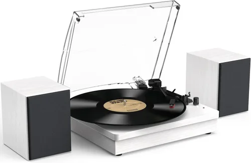 Vista 9 de Reproductor de discos de vinilo con dos altavoces estéreo, tocadiscos con reproducción Bluetooth de 3 velocidades, entrada AUX para auriculares