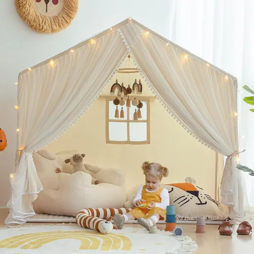 Vista 8 de Tienda de campaña para niños con doble puerta castillo de juegos para niños - Beige Kids Tent with Mat, Two Doors Fantasy Adventure Play House for
