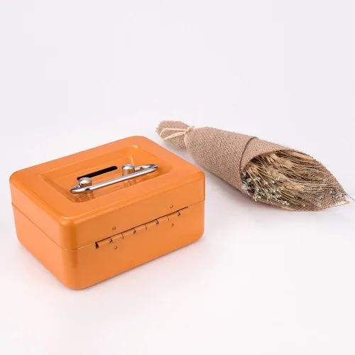 Vista 7 de Mini caja de efectivo con cerradura, ranura y bandeja de dinero anaranjado - pequeño
