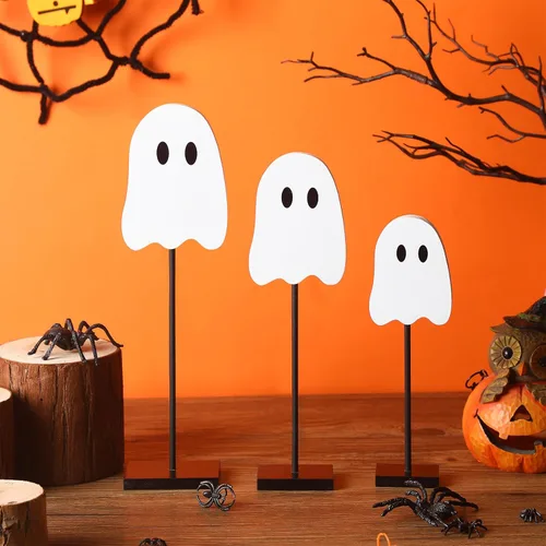 Vista 5 de 3 piezas de decoración de mesa de fantasma de Halloween, bandeja escalonada de madera, centro de mesa, centro de mesa, bloque alto, juego