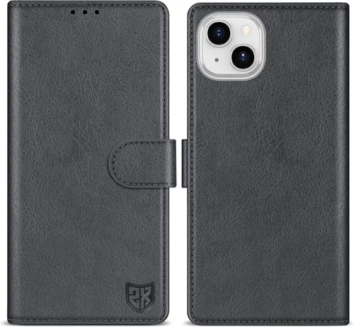Vista 10 de ZZXX Funda tipo cartera para iPhone 14 Plus con bloqueo RFID, ranura para tarjetas, función atril, cierre magnético, funda protectora de cuero Negro
