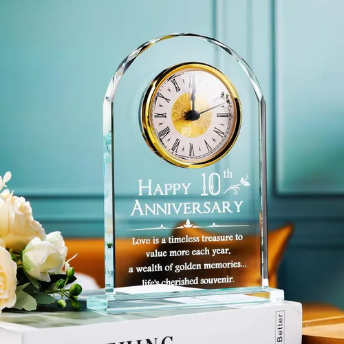 Vista 2 de YWHL Reloj de aniversario de 10 años para ella, regalo de recuerdo de cristal para el 10º aniversario de boda, regalo para pareja