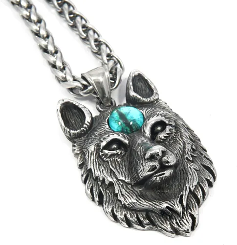 Vista 3 de Viking Fenrir - Collar de cabeza de lobo de acero inoxidable, cadena de trigo, amuleto pagano nórdico, joyería para hombres y mujeres