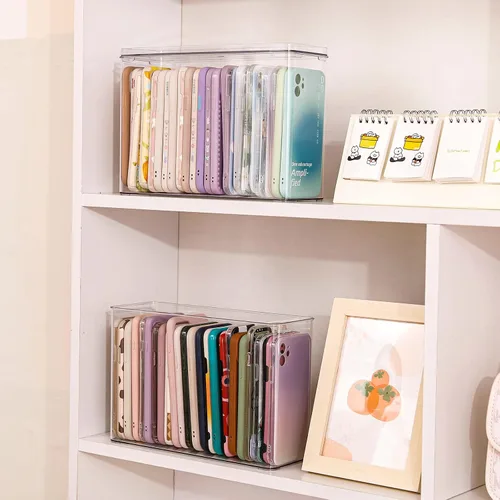 Vista 6 de FABROK Organizador de plástico para teléfono, caja de almacenamiento transparente con tapa para teléfono celular, fundas básicas, caja