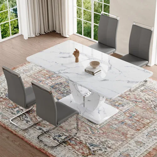 Vista 90 de JUFU Juego de mesa de comedor moderno para 4, juego de mesa de cocina rectangular de 63 pulgadas con mesa de mármol sintético y 4 sillas tapizadas