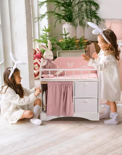 Vista 4 de ROBOTIME Cuna para muñeca, cama de madera para muñecas, cuna de juguete con almacenamiento, ropa de cama y ganchos de madera, cuna para muñecas