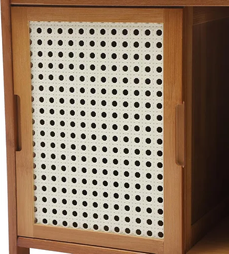 Vista 4 de Mesita de noche, mesita de noche de bambú con cajón y estante, mesitas de noche bohemias, mesa auxiliar, mesas auxiliares, dormitorio, oficina