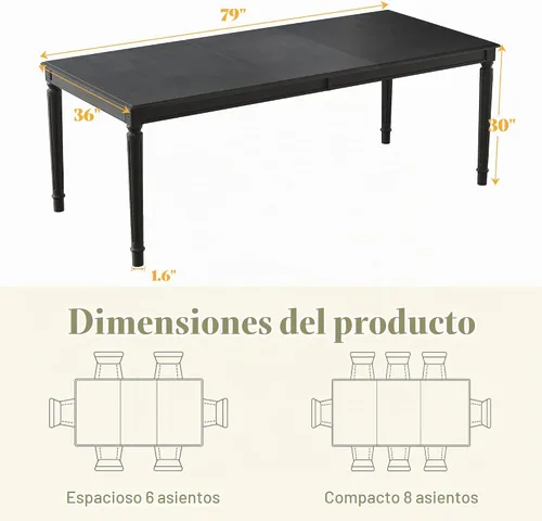 Vista 2 de AMERLIFE Mesa de comedor de granja de 79 pulgadas para 6 a 8, mesa de comedor rectangular grande de madera maciza con patas cónicas romanas, mesa