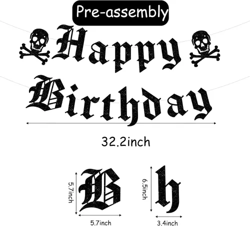 Vista 2 de Cartel gótico de feliz cumpleaños, guirnalda de calavera inglesa antigua con purpurina negra, divertida pancarta de cumpleaños funerario para fiesta
