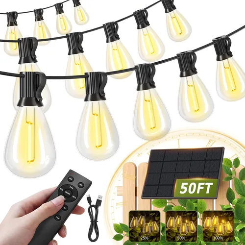 Vista 10 de Tira de luces solares para exteriores de 100 pies con 36+2 bombillas Edison inastillables e impermeables, luces de patio de grado comercial de 2200