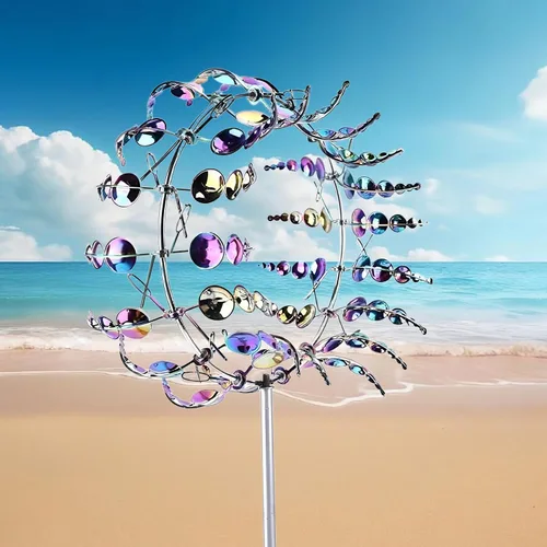 Vista 2 de Molino de viento metálico único y mágico, 2 hilanderos de viento, escultura cinética alimentada por viento 3D, molinos de viento de acero