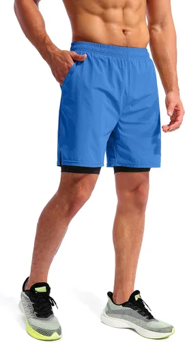 Vista 3 de Pudolla Mens 2 in 1 Running Shorts 7" Quick Dry Gym Athletic Workout Shorts for Men with Phone Pockets