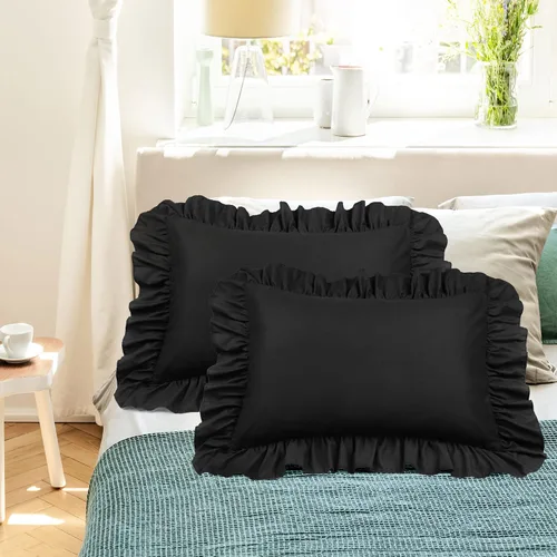 Vista 3 de PiccoCasa Juego de 2 fundas de almohada con volantes, sobre estándar, color Negro
