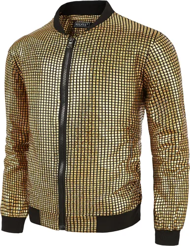 Vista 3 de WULFUL Chaqueta de bombardero Varsity para niños, disfraz de discoteca de los años 70, chaquetas metálicas de lentejuelas
