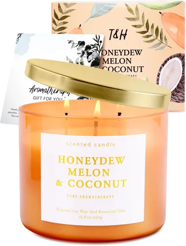 Vista 9 de Honeydew - Vela perfumada de soja grande de 3 mechas de melón y coco para el hogar, 15.8 onzas Fresh Melon Home Fragrance, Juicy And Creamy Scent