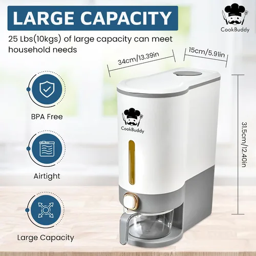 Vista 5 de CookBuddy Dispensador de arroz - Contenedor hermético de almacenamiento de arroz de 25 libras - Dispensador de granos